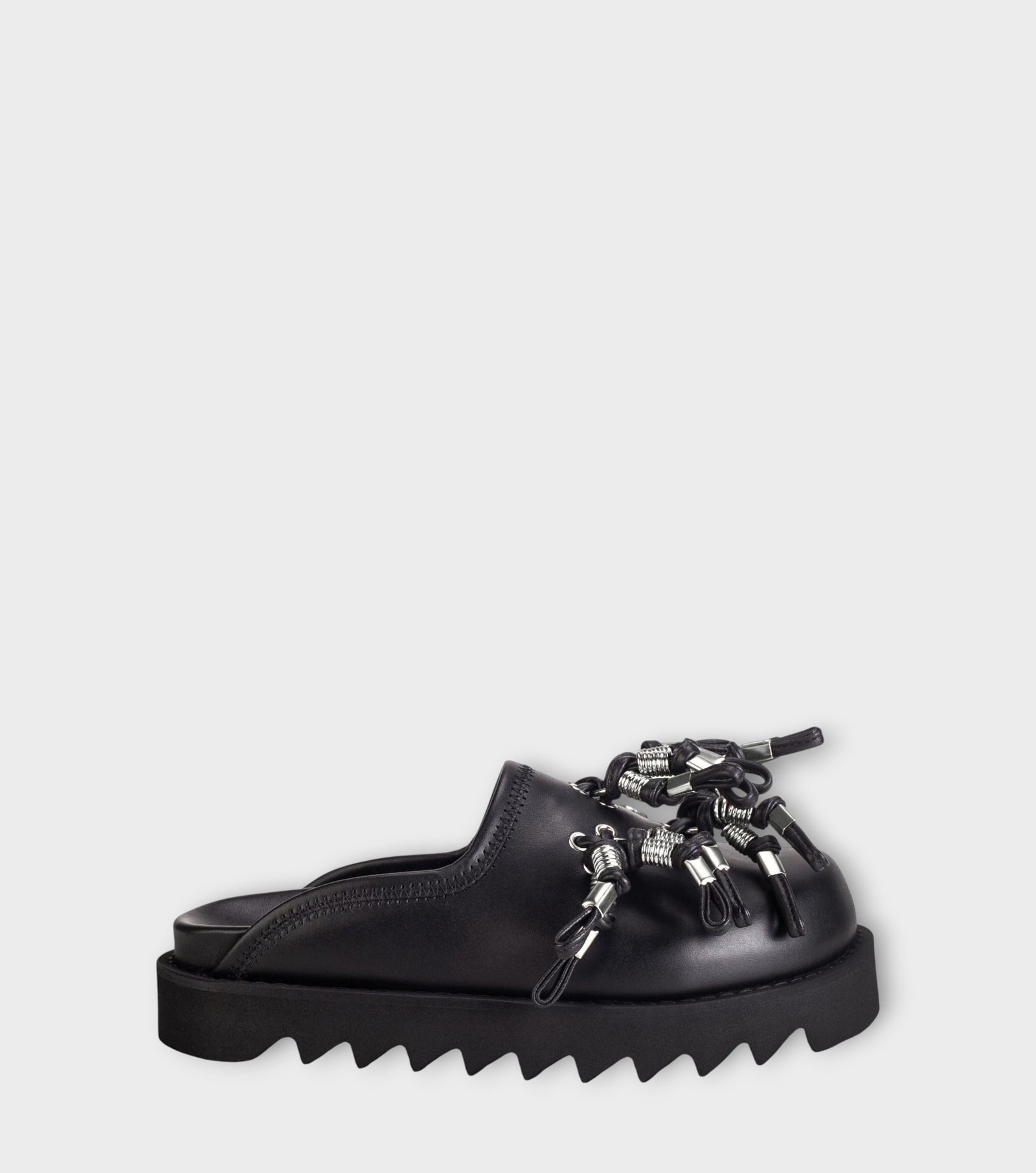 Industrial Tassel Platform Mules – Black Leather