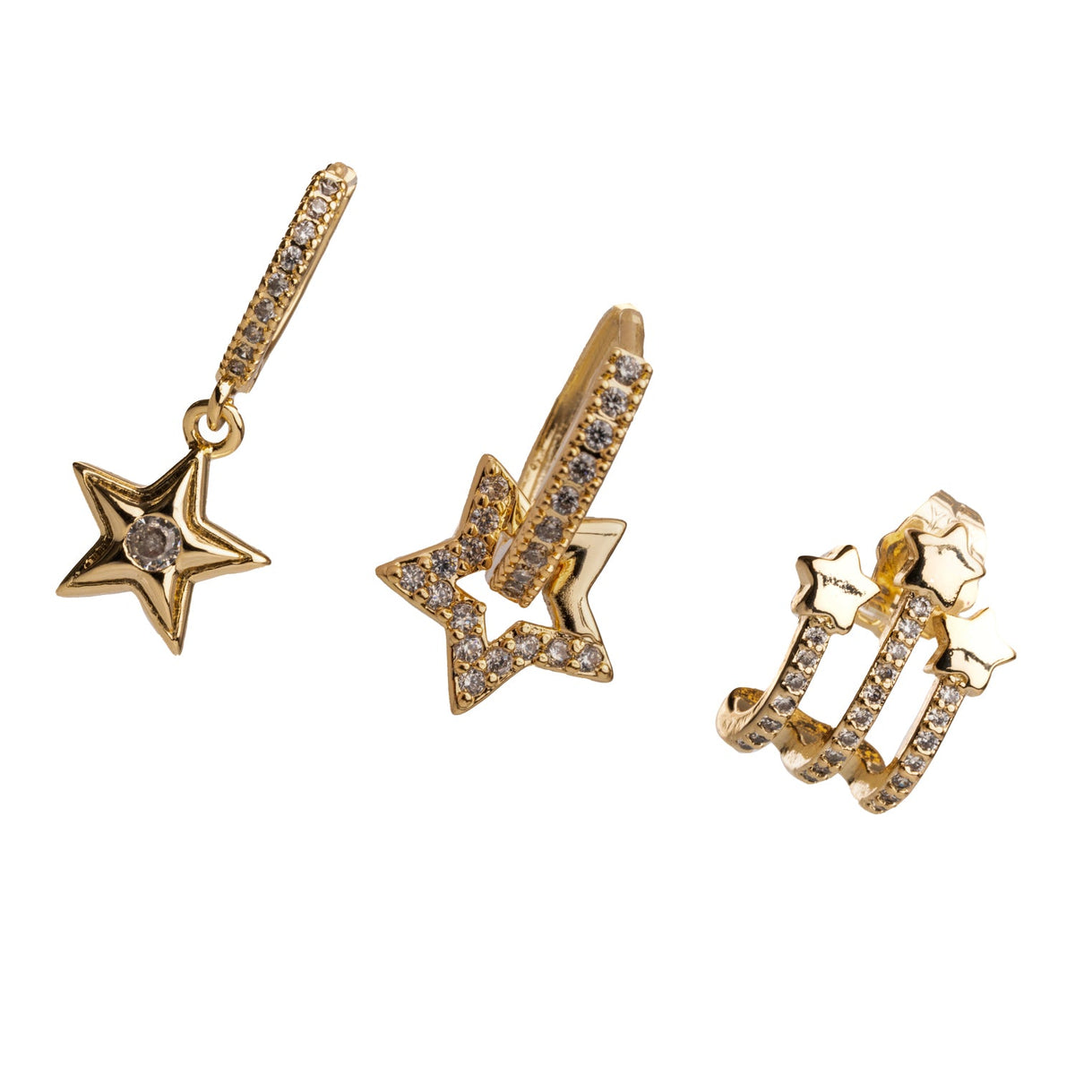 18K Gold-Plated Trio Earrings with Star and Hoop Designs, Sparkling with CZ Diamonds
