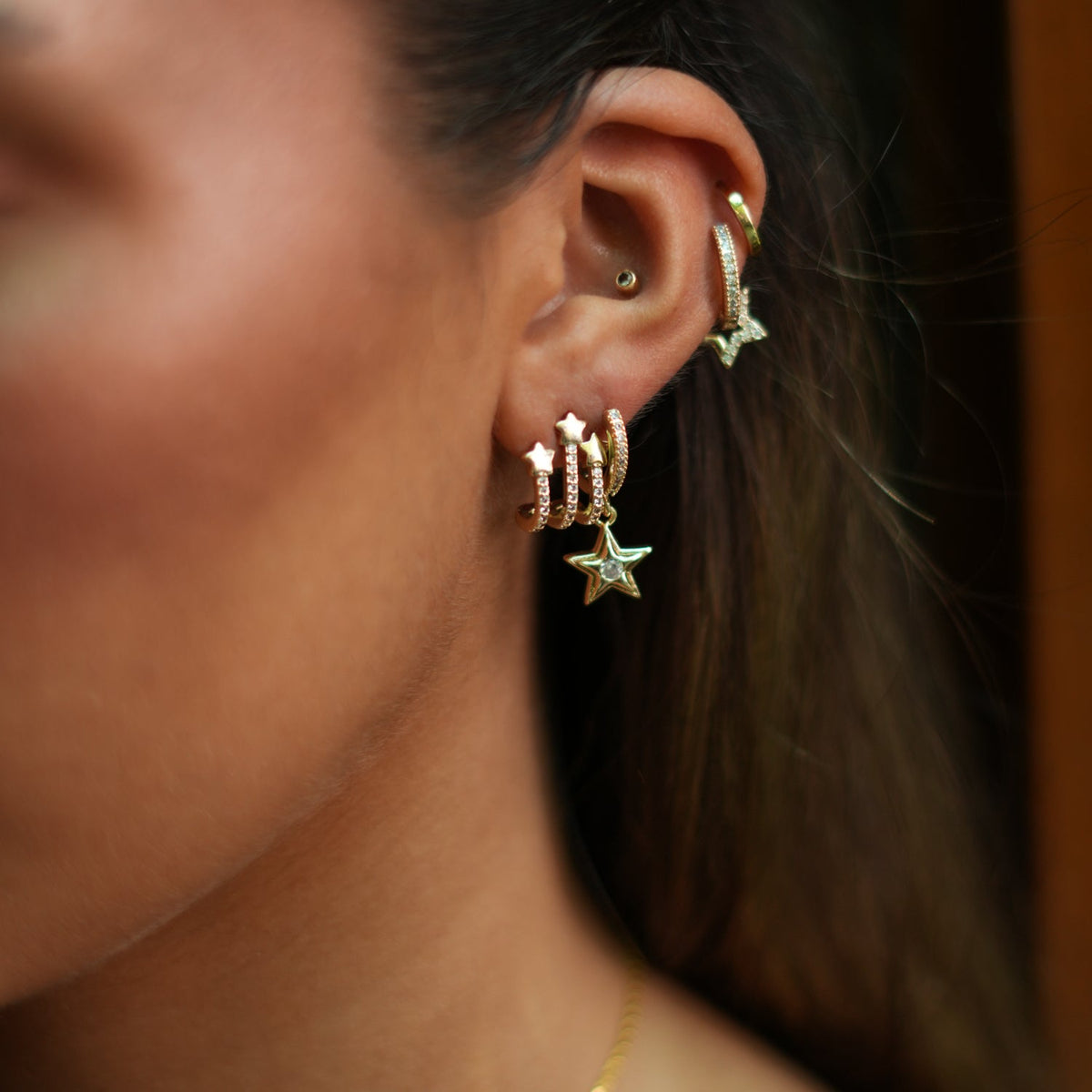 Gold-Plated Trio Earring Set with Dazzling CZ Diamonds and Star for Celestial Elegance
