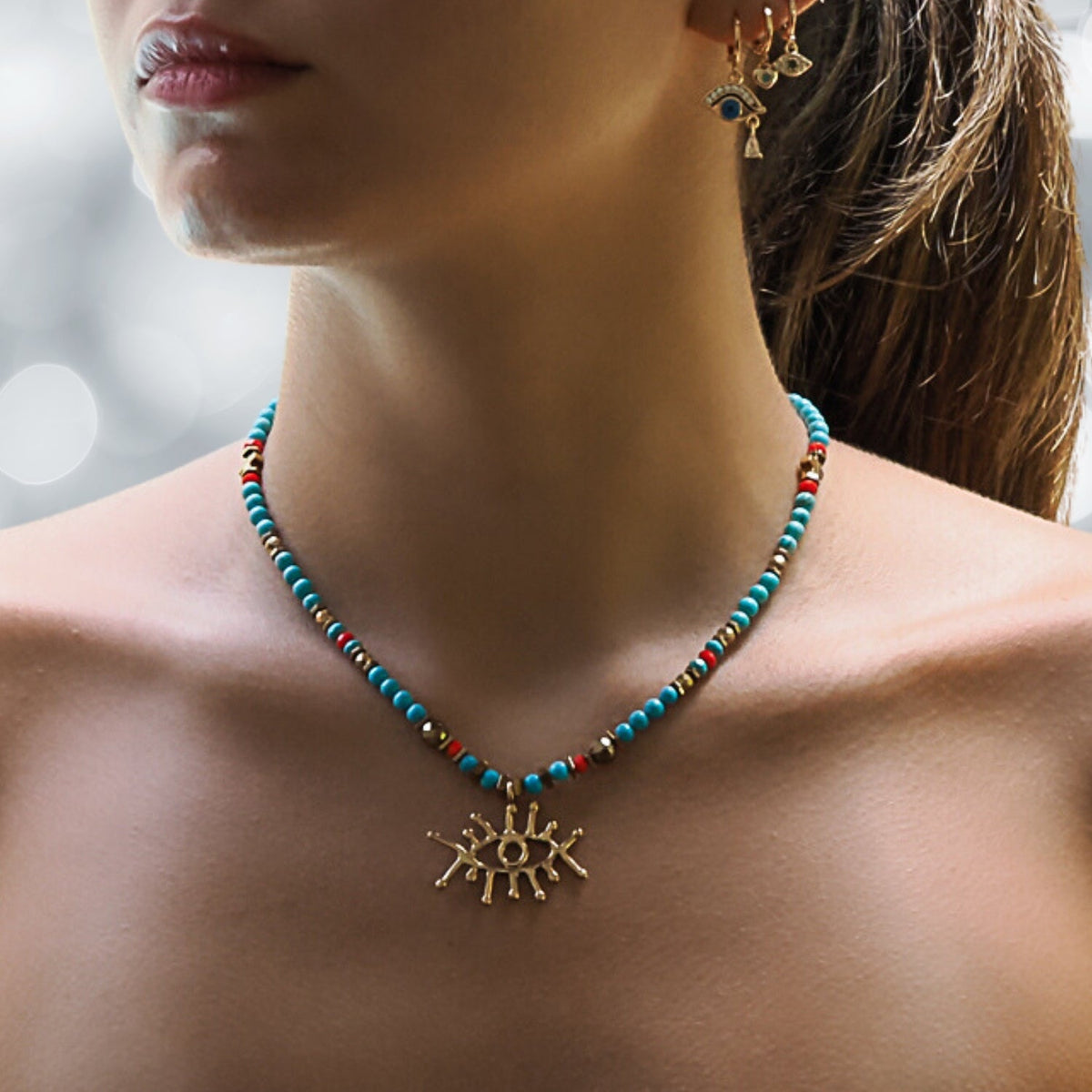 Turquoise Beads Evil Eye Pendant Necklace with Gold Hematite Stones for Spiritual Protection

