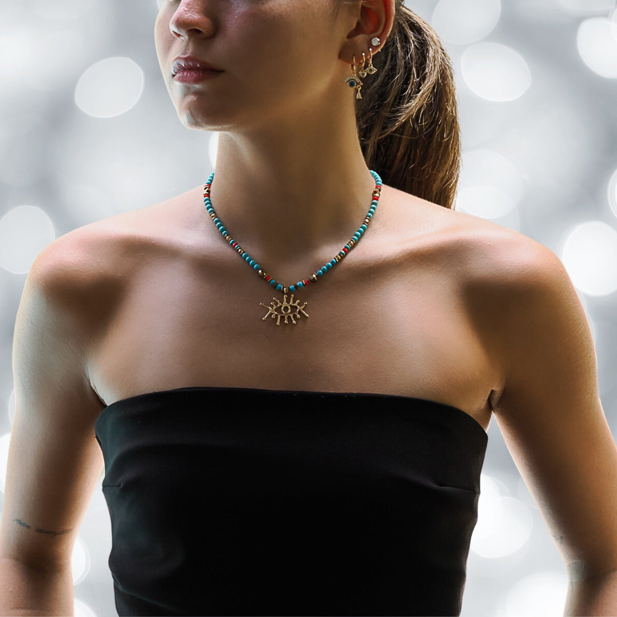 Guardian Evil Eye Necklace with Turquoise Beads and Red Crystal Accents for Chakra Healing

