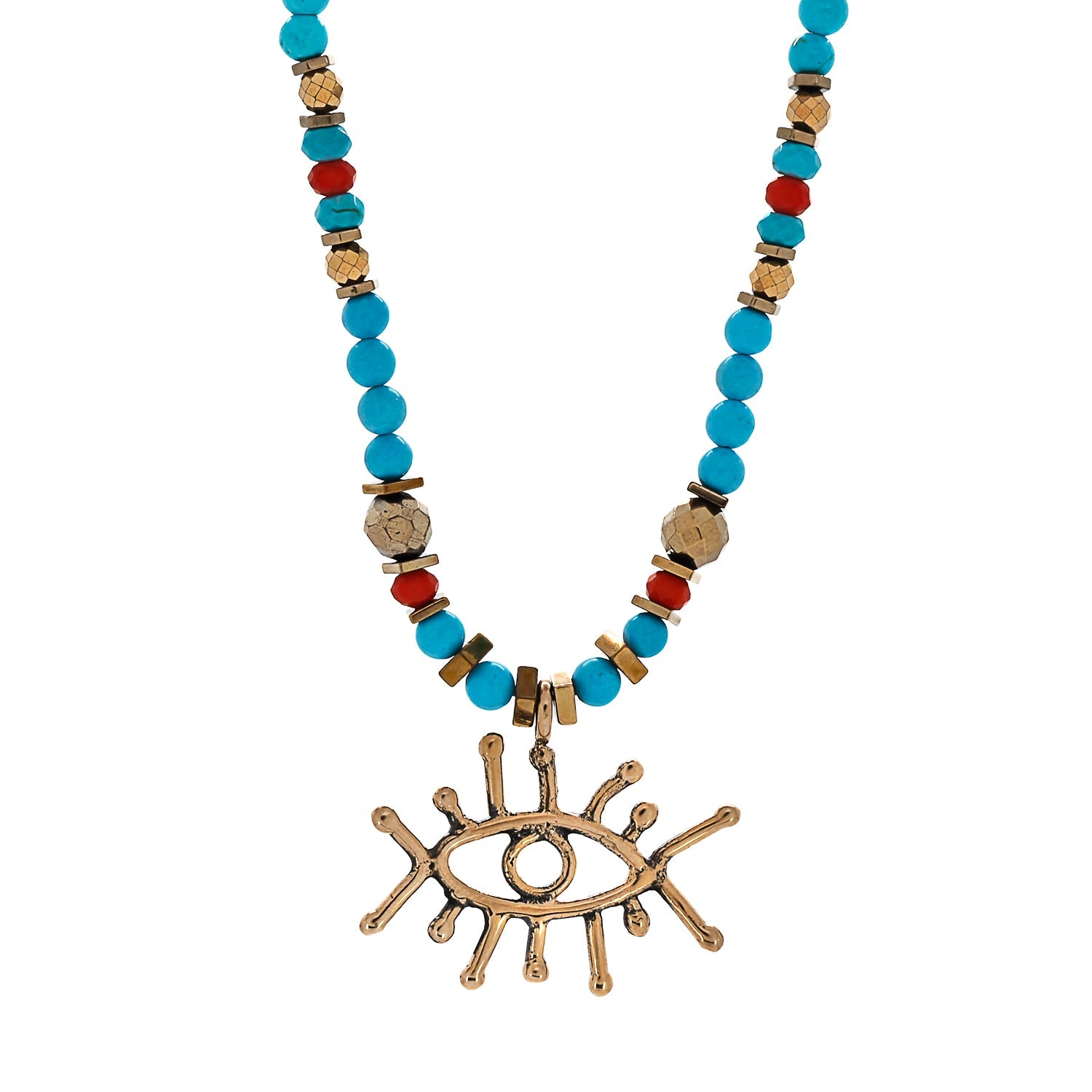 Handmade Evil Eye Turquoise Stone Beaded Necklace with Gold Hematite and Red Crystal Accents