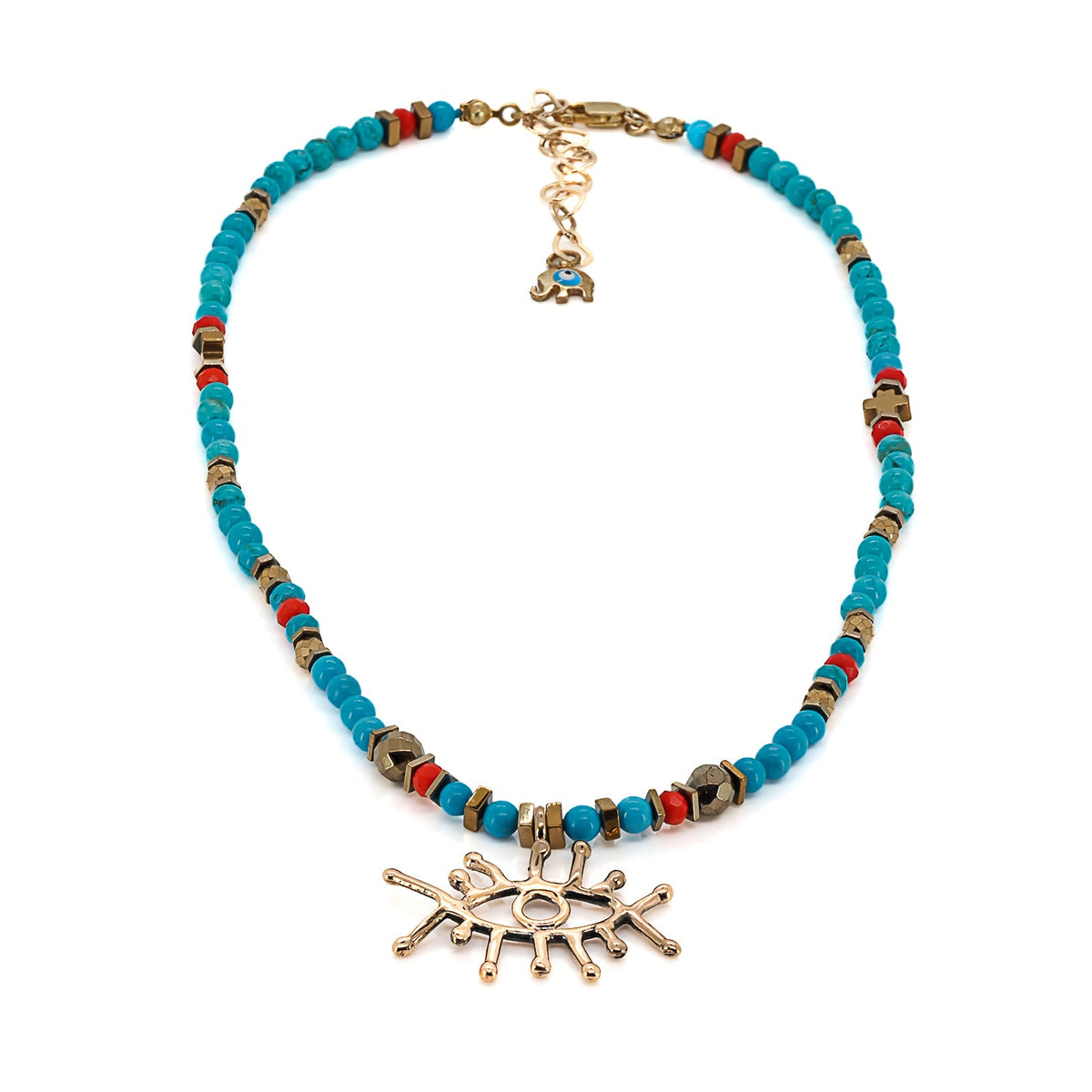 Colorful Turquoise and Red Crystal Beaded Necklace with Bronze Evil Eye Pendant for Good Fortune

