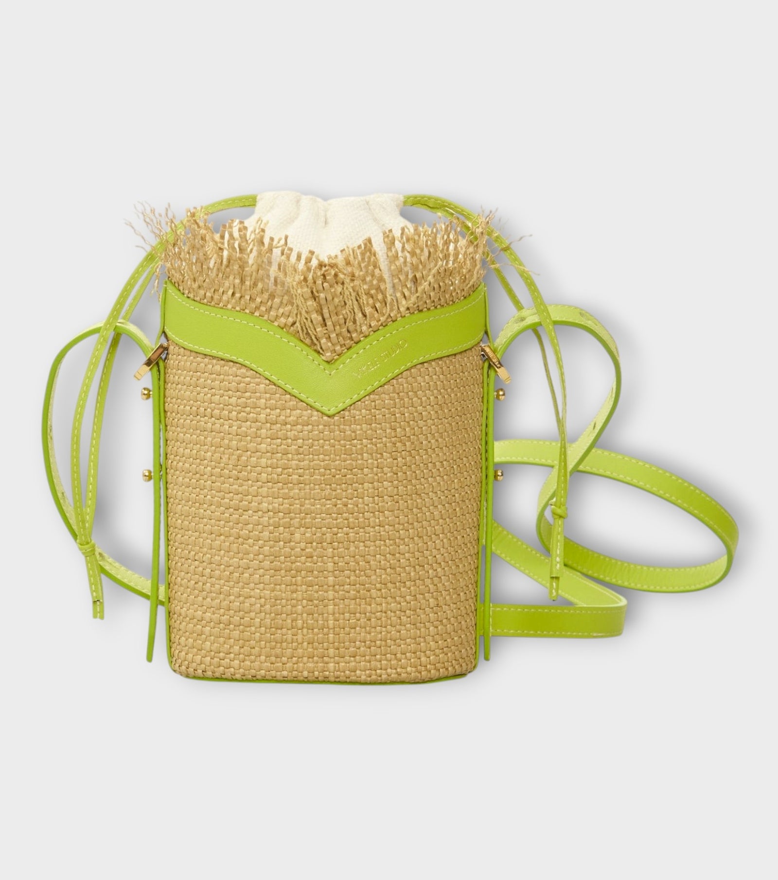 Beige Woven Mini Bucket Bag with Lime Green Leather Trim