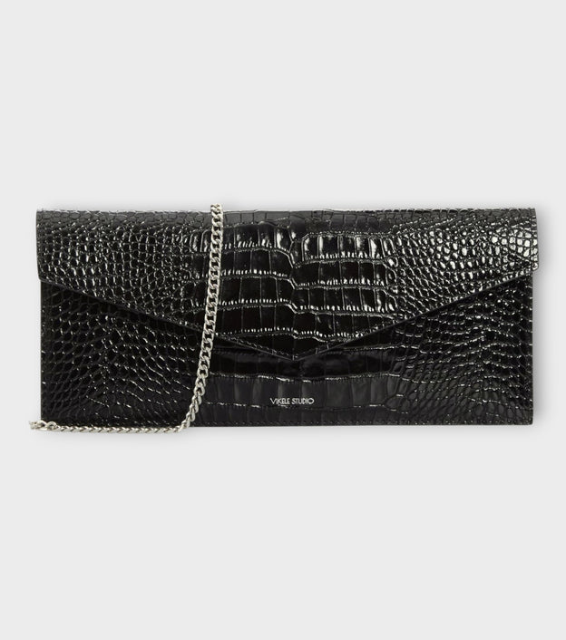 Black Croc-Embossed Leather Clutch with Chain Strap