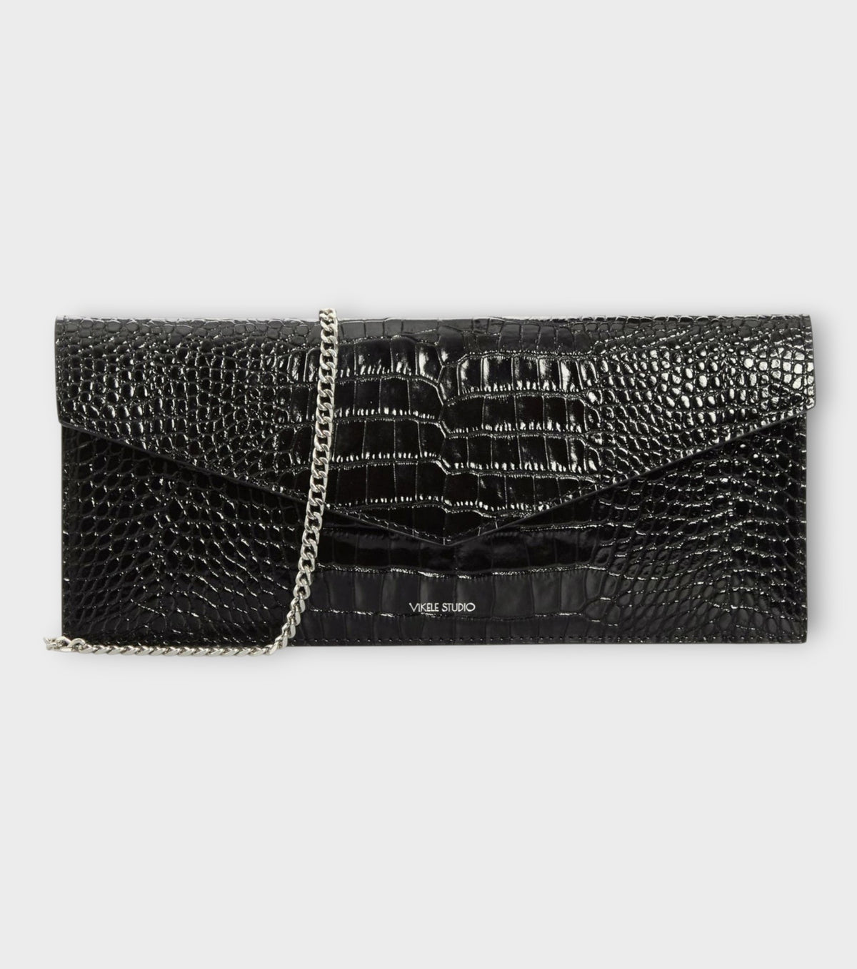 Black Croc-Embossed Leather Clutch with Chain Strap