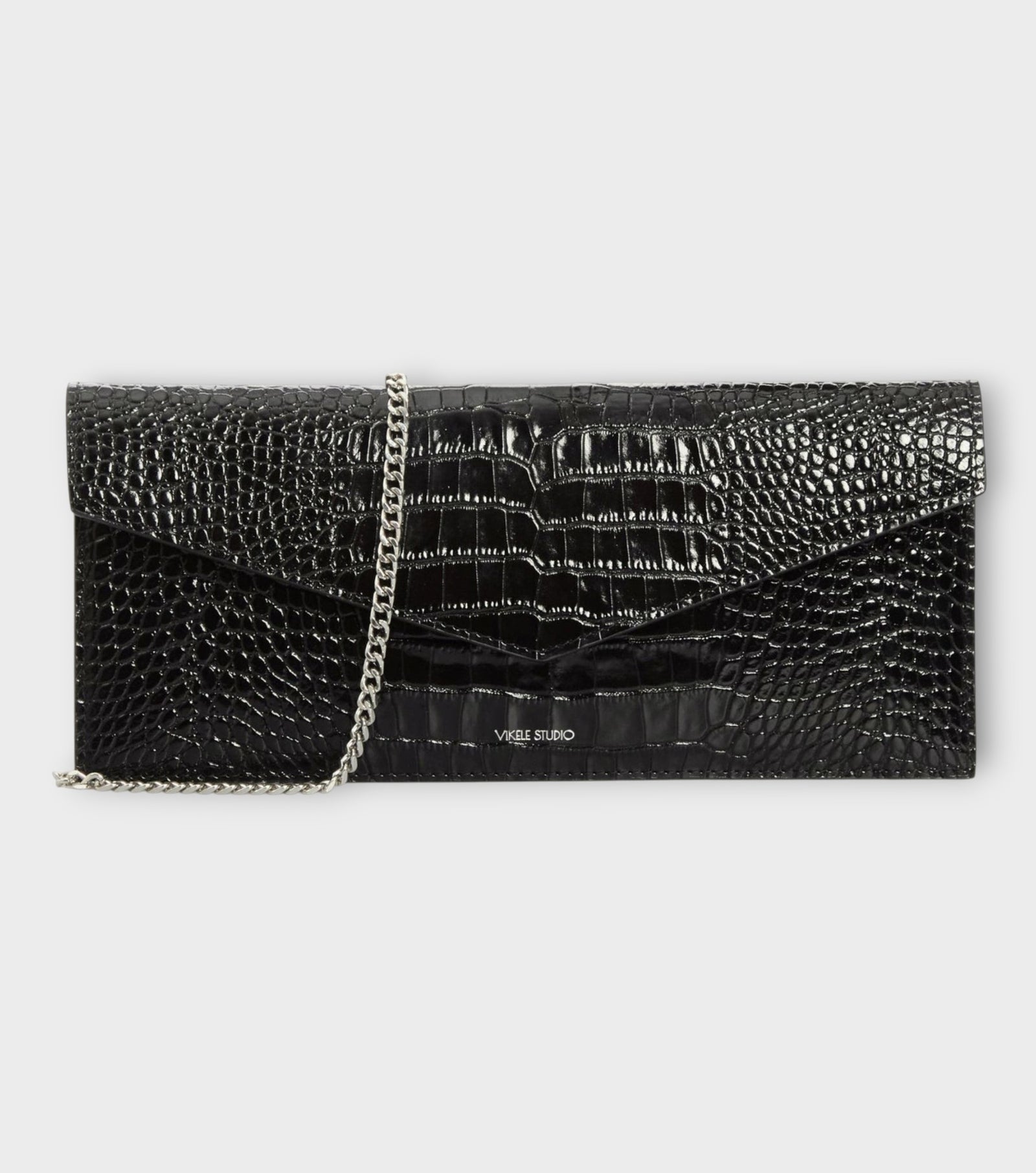 Black Croc-Embossed Leather Clutch with Chain Strap