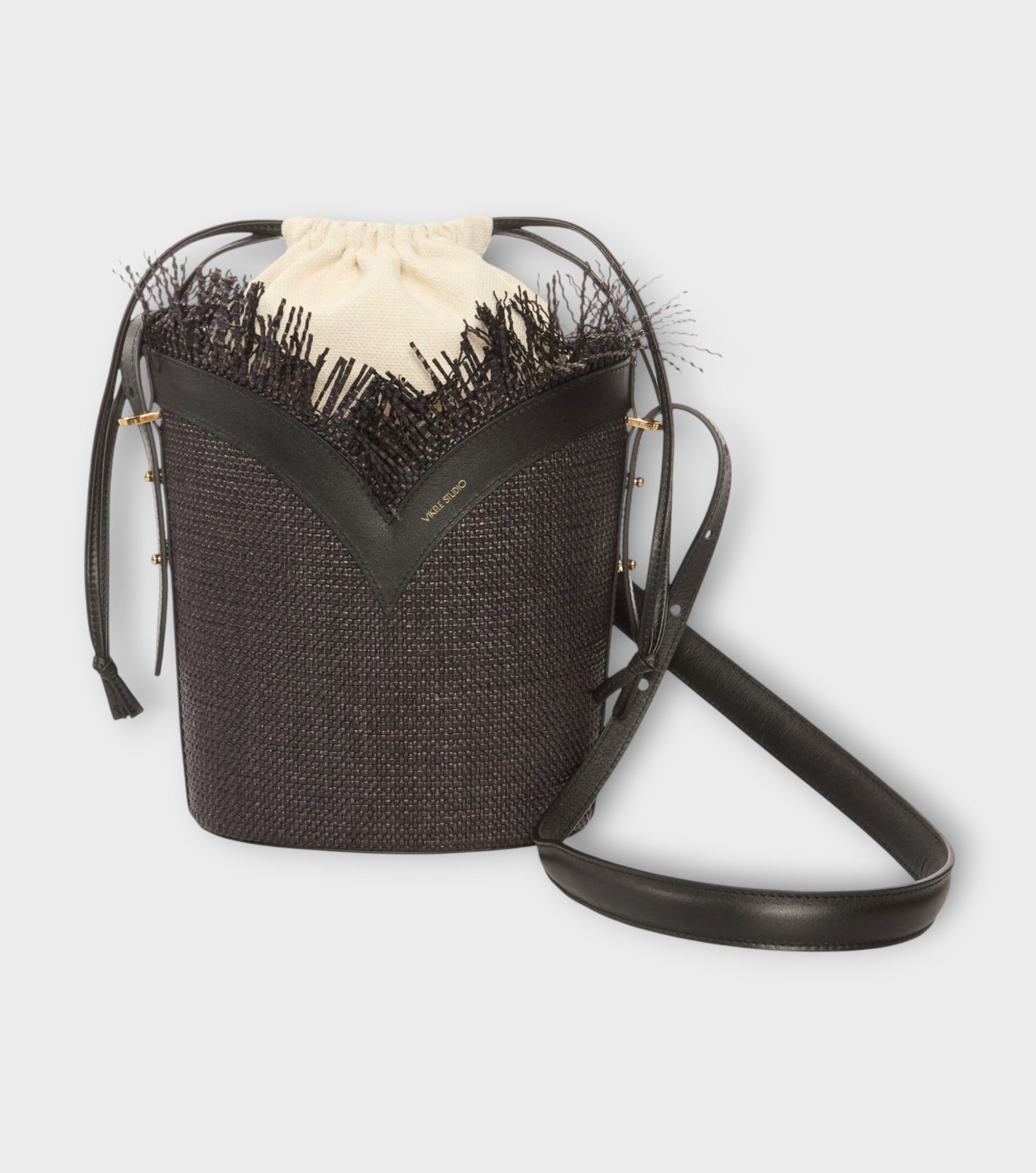 Black Woven Large Bucket Bag with Leather Trim