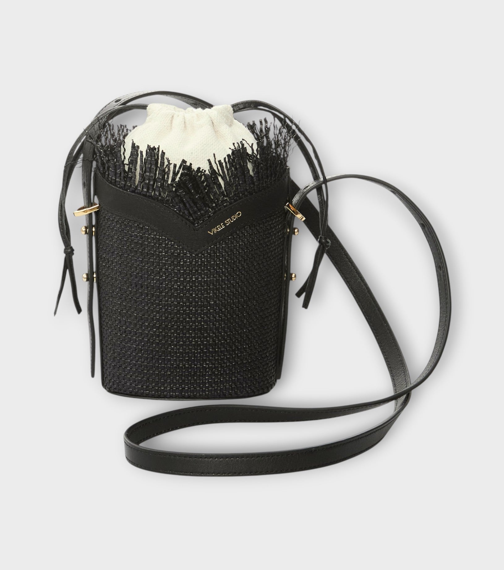 Black Woven Mini Bucket Bag with Leather Trim