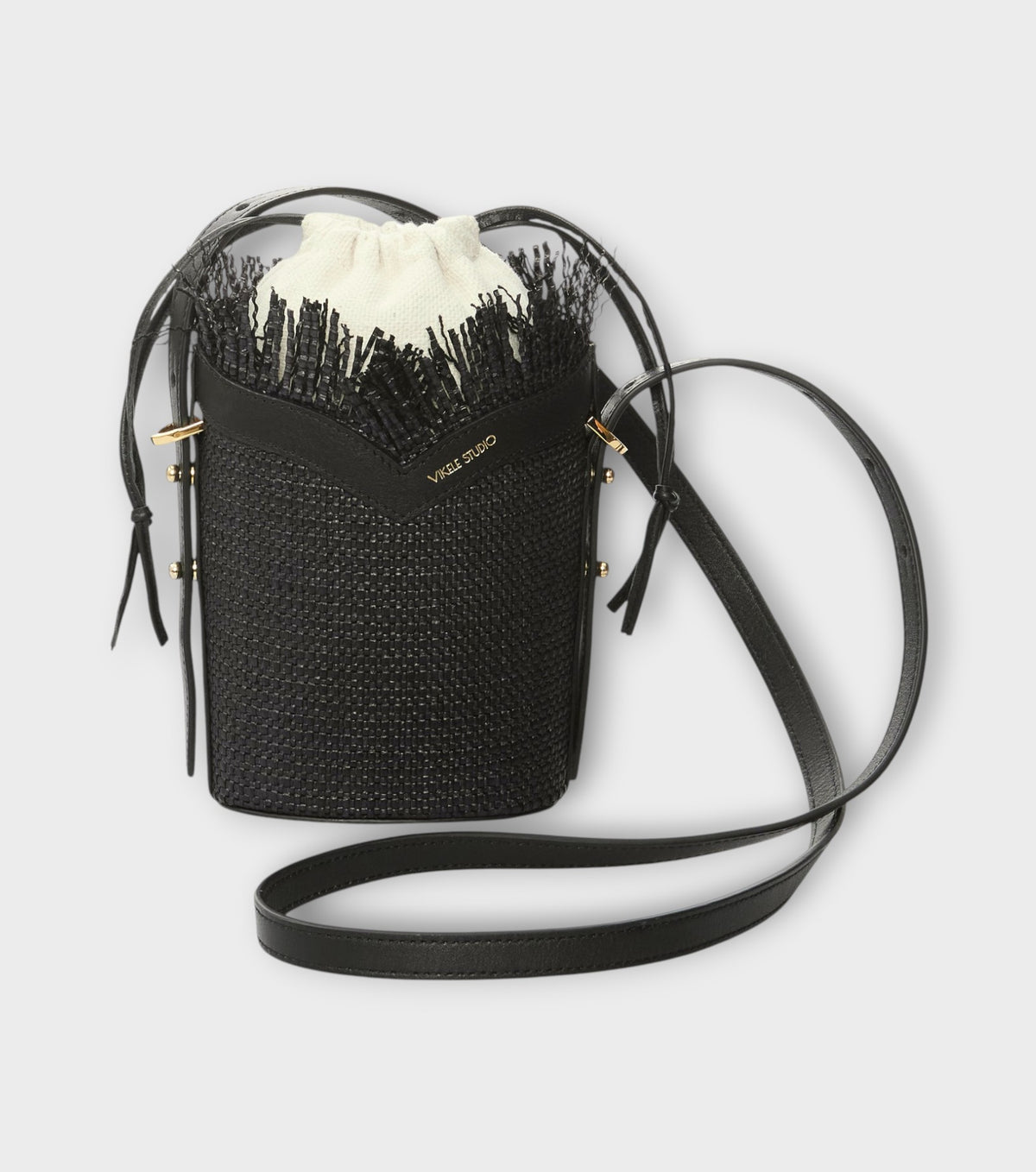 Black Woven Mini Bucket Bag with Leather Trim