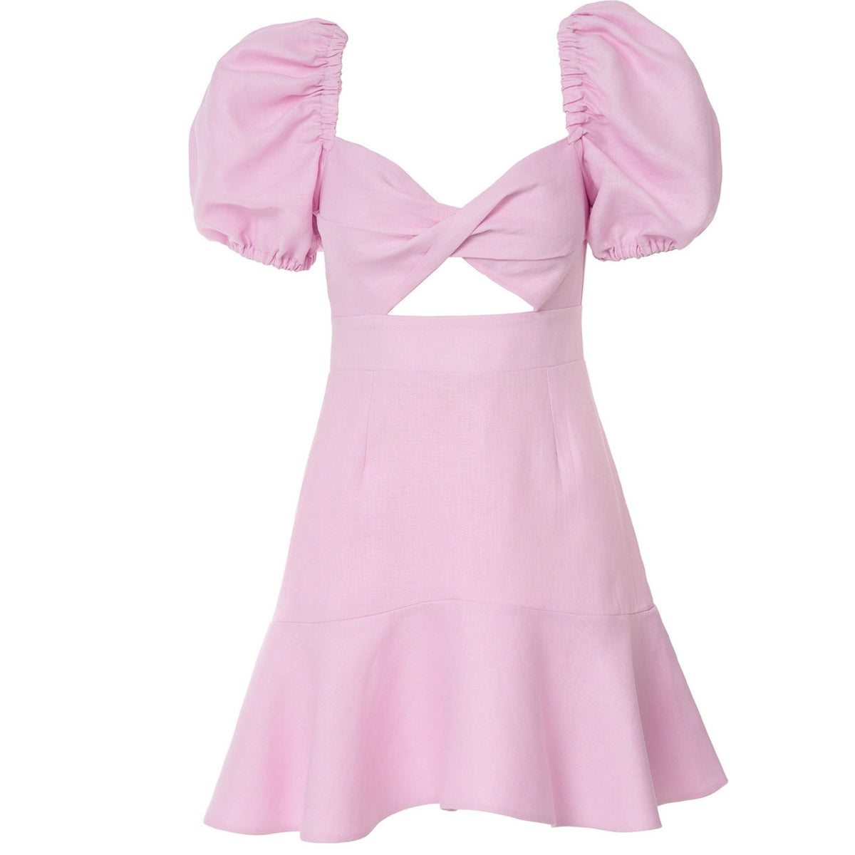 Pink Linen Mini Dress with Puff Sleeves