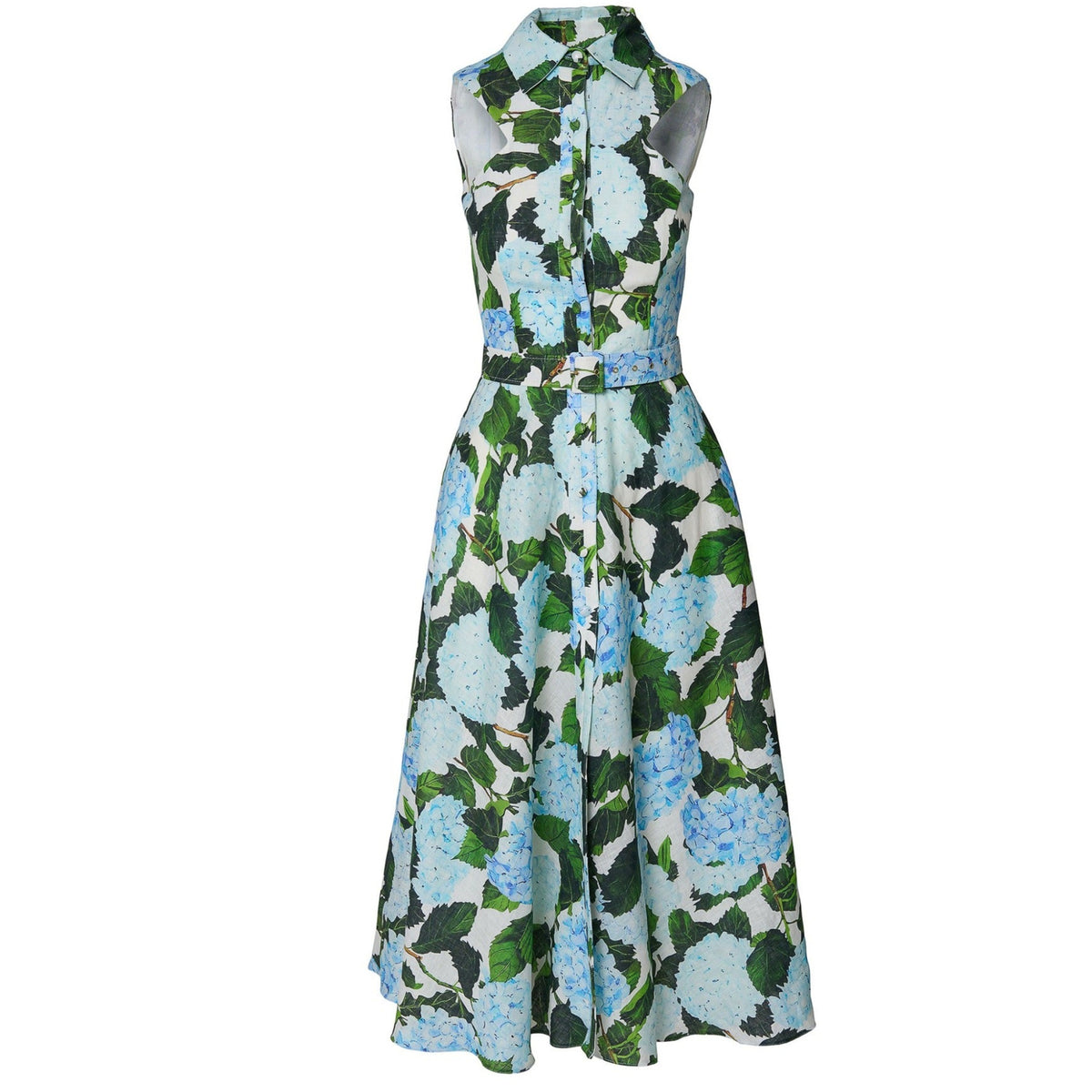 Blue Hydrangea Print Linen Midi Dress