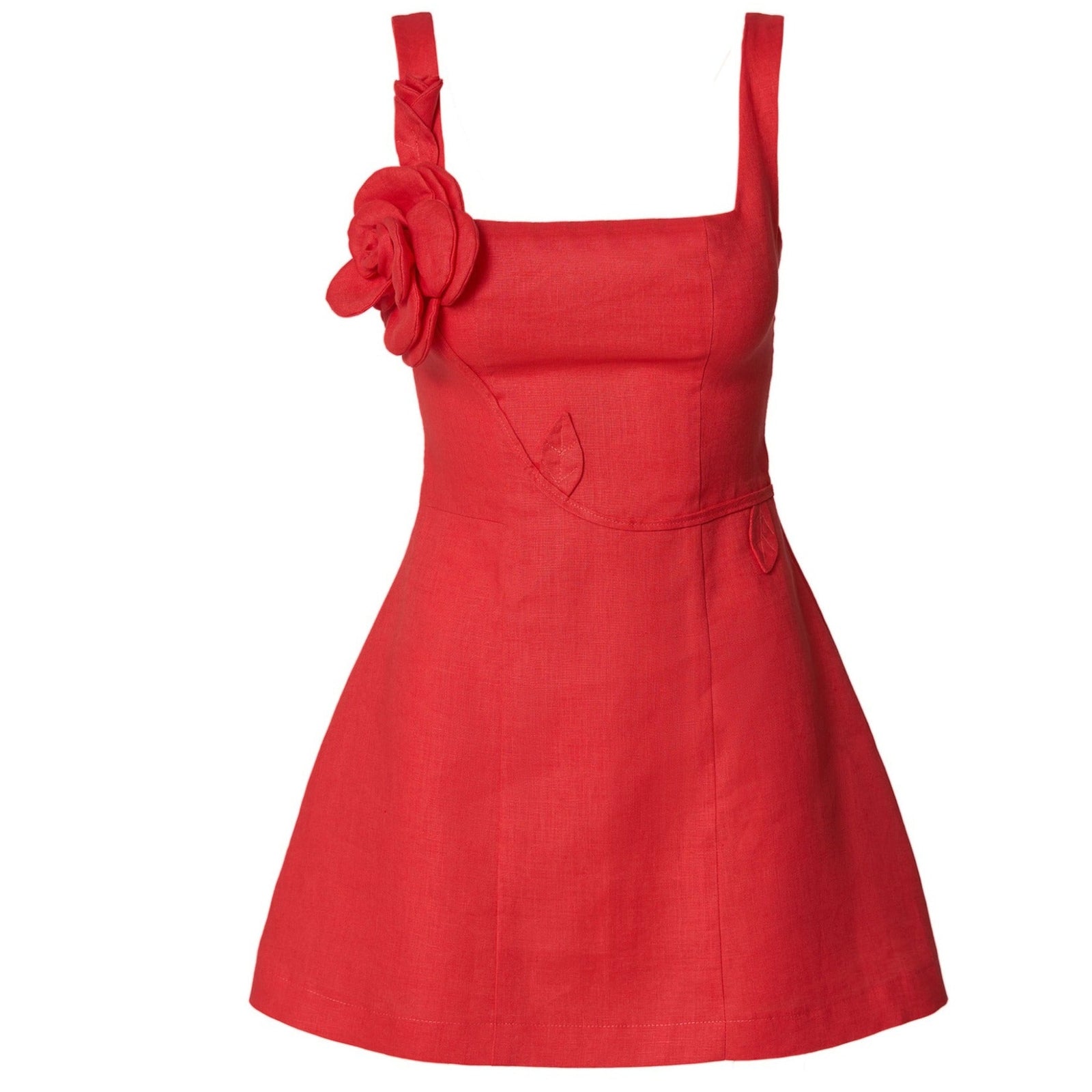 Coral Red Linen Mini Dress with Rose Strap | PR Sample