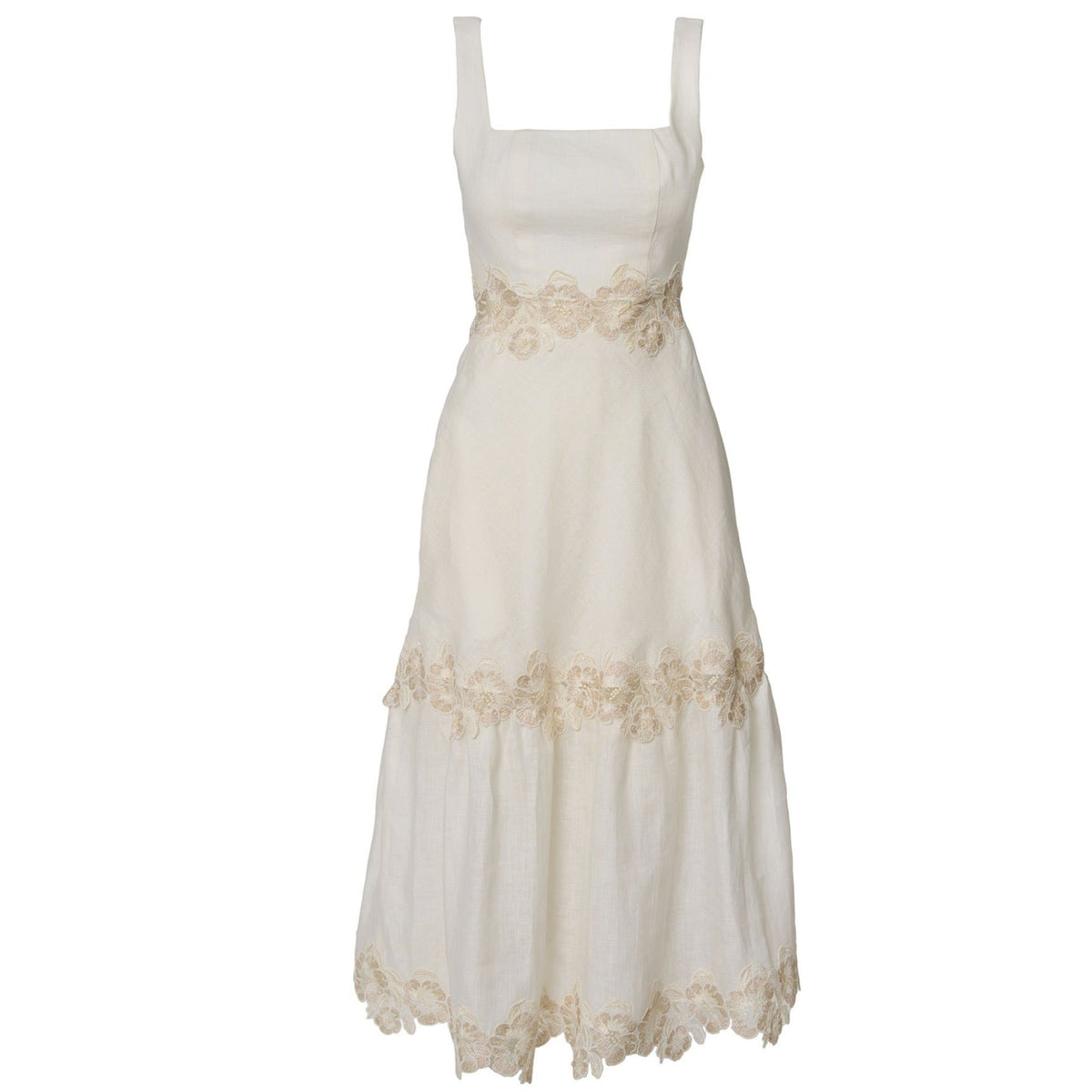 Ivory Linen Midi Dress with Lace Detail