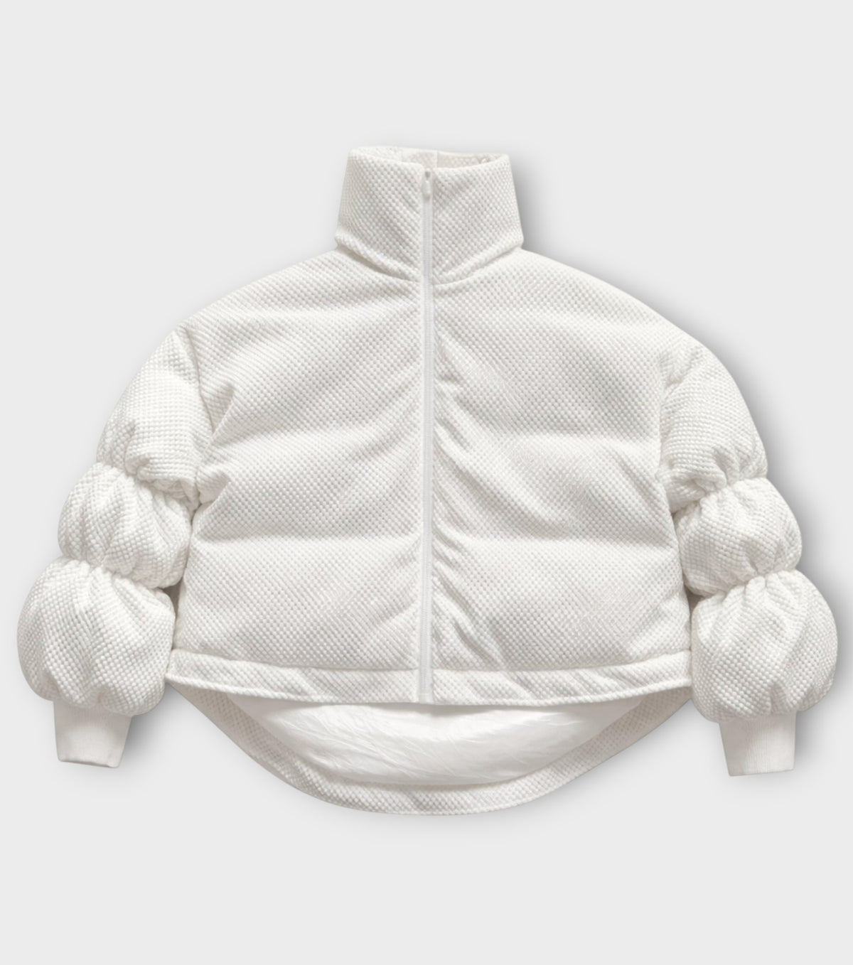 White Sculptural Puffer Jacket ANCHOR in Textured Tech Fabric | PR Sample