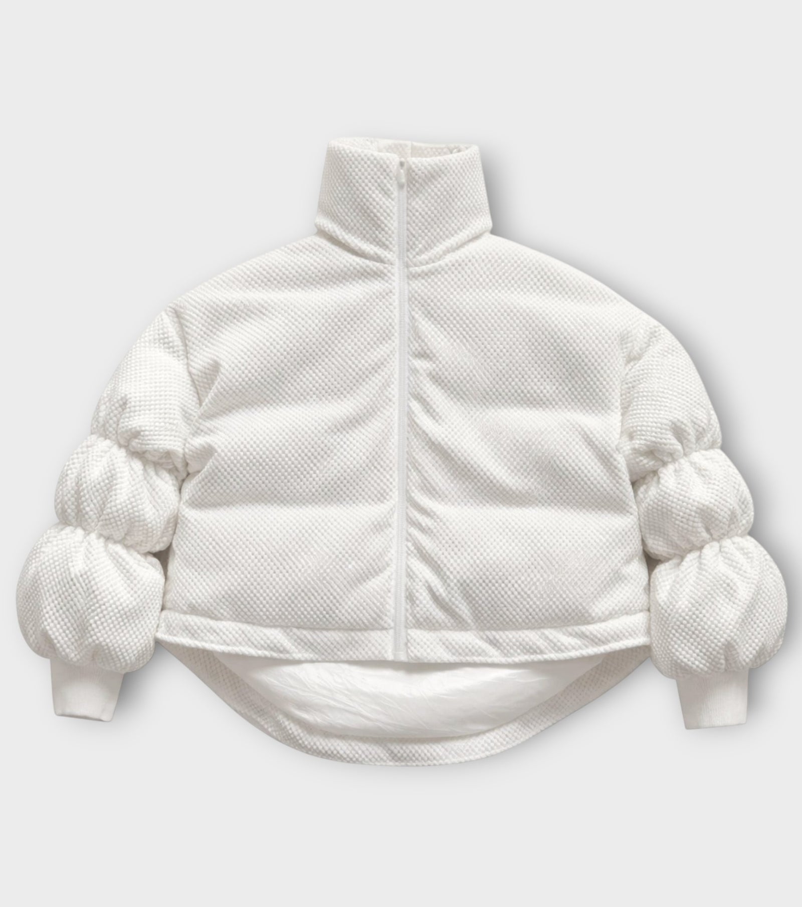 White Sculptural Puffer Jacket ANCHOR in Textured Tech Fabric | PR Sample