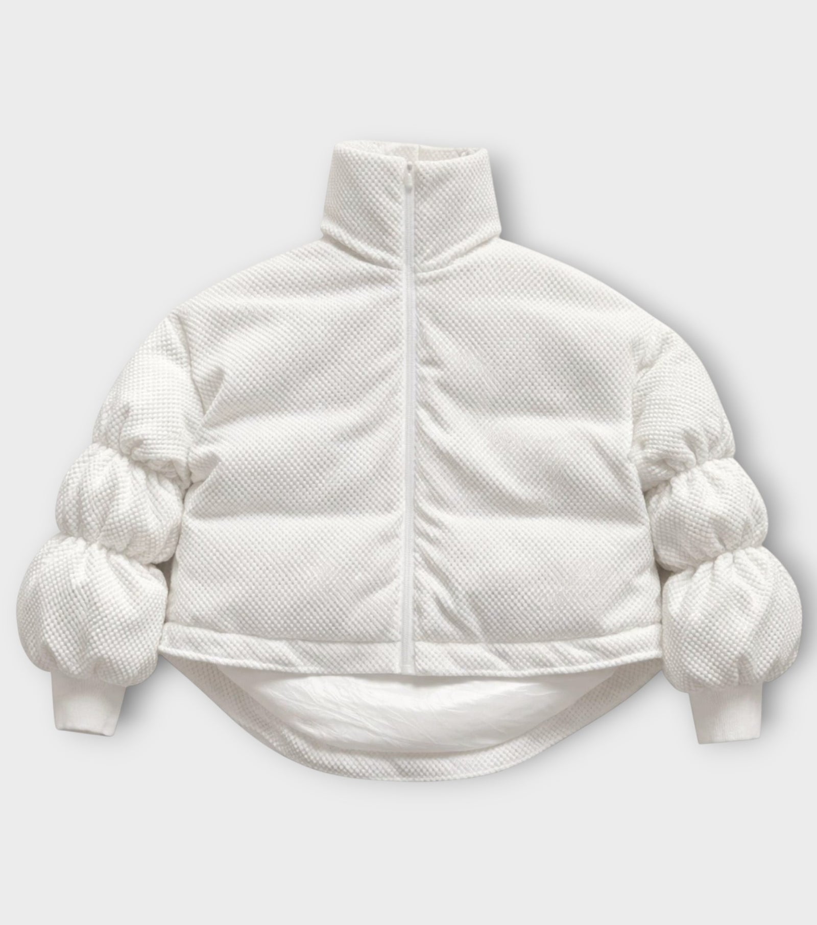 White Sculptural Puffer Jacket ANCHOR in Textured Tech Fabric