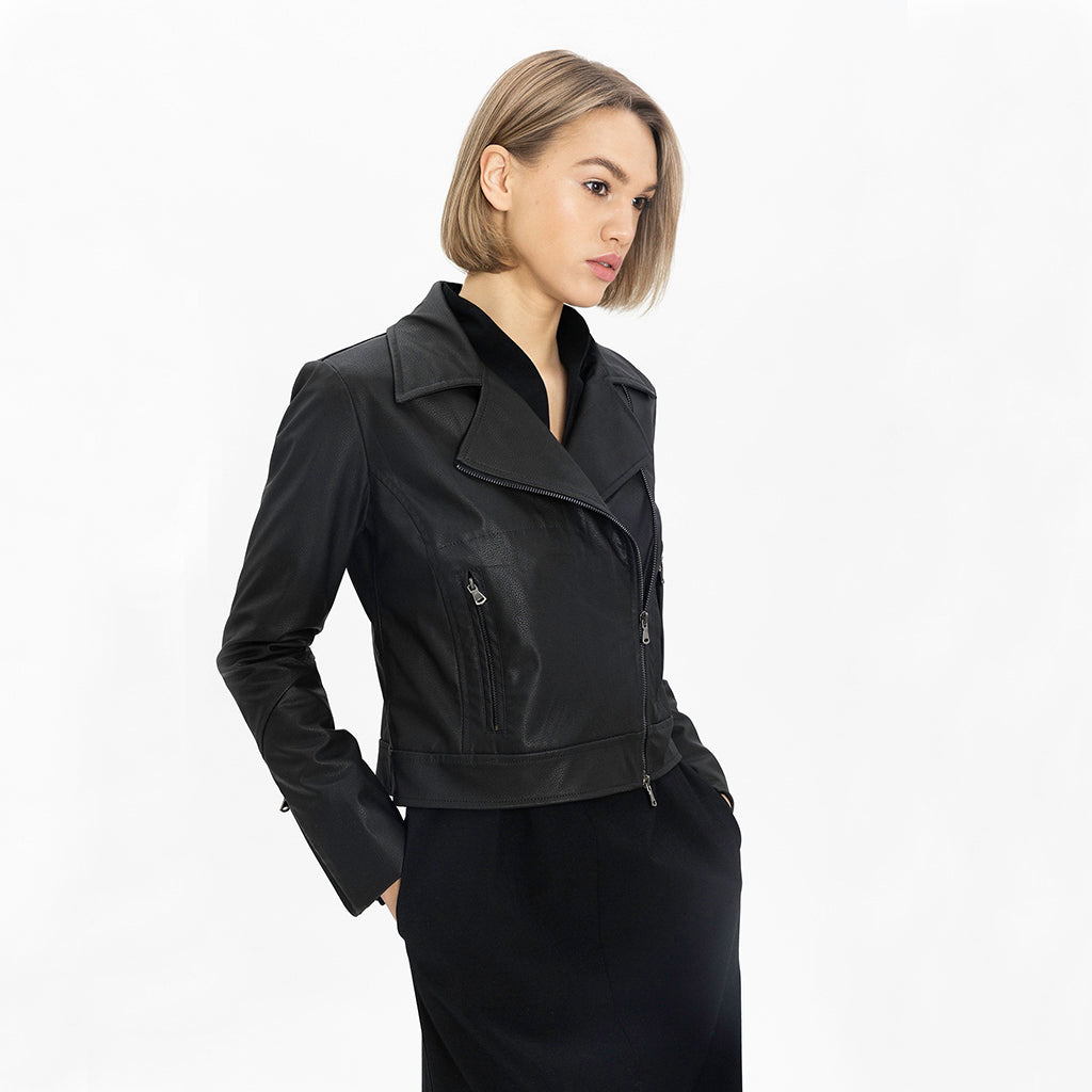 JULIA ALLERT - Black Biker Jacket on model side, buy at doors.nyc