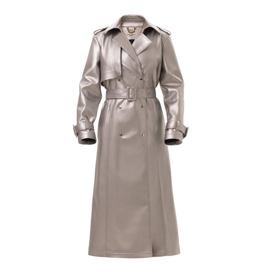 Silver Faux Leather Trench Coat