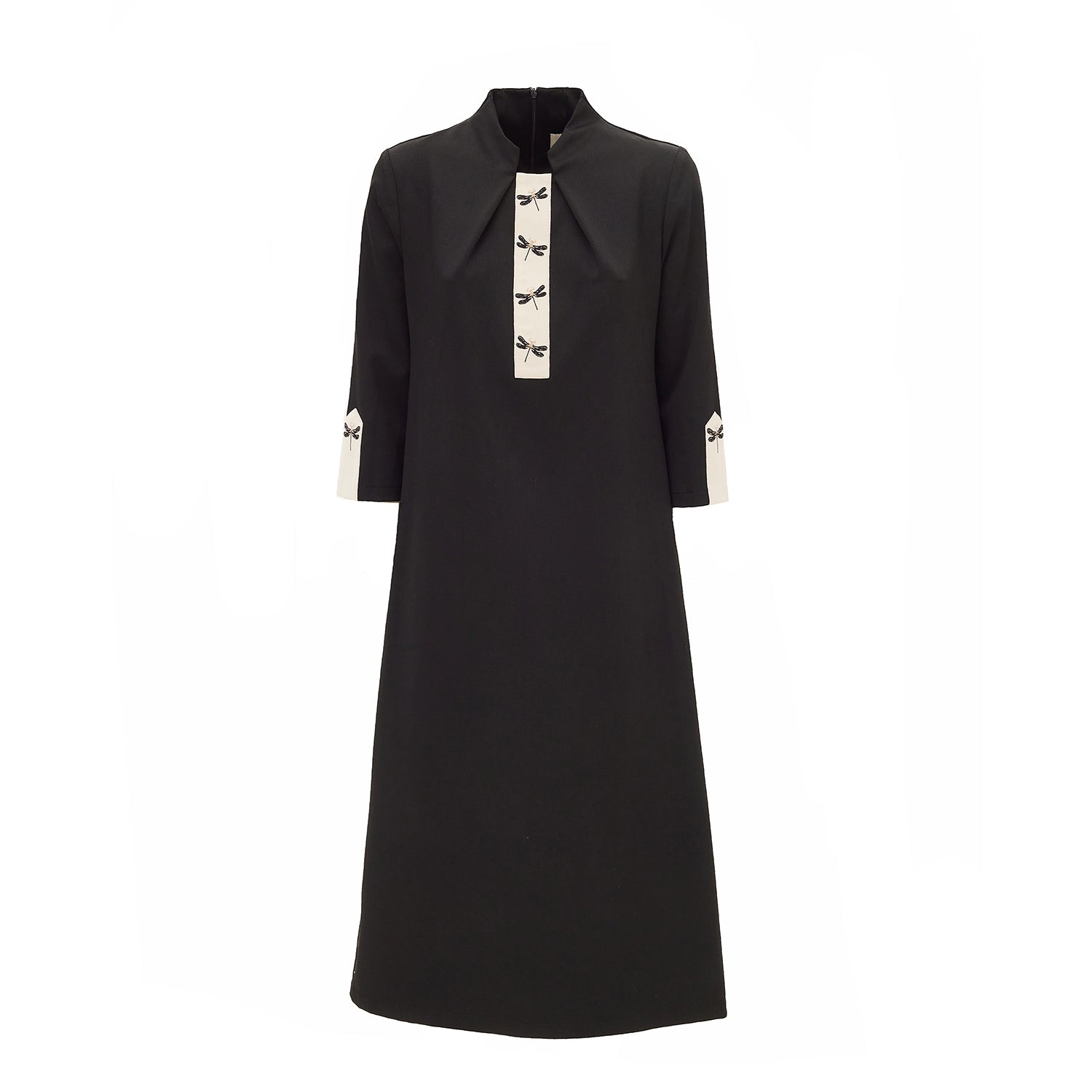 Midi A-Line Dress With Embroidery | Black