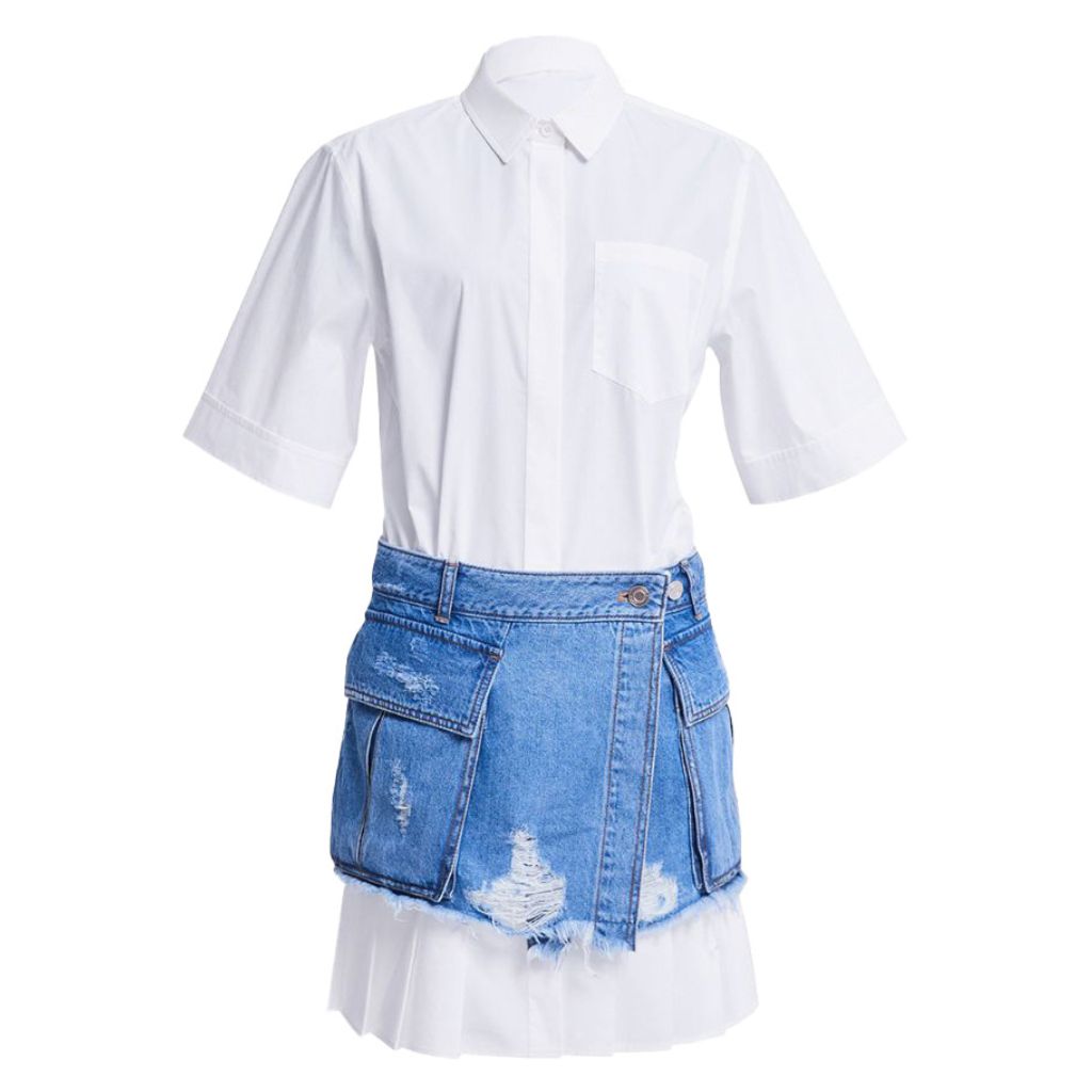 Cotton Shirt Dress With Denim | White