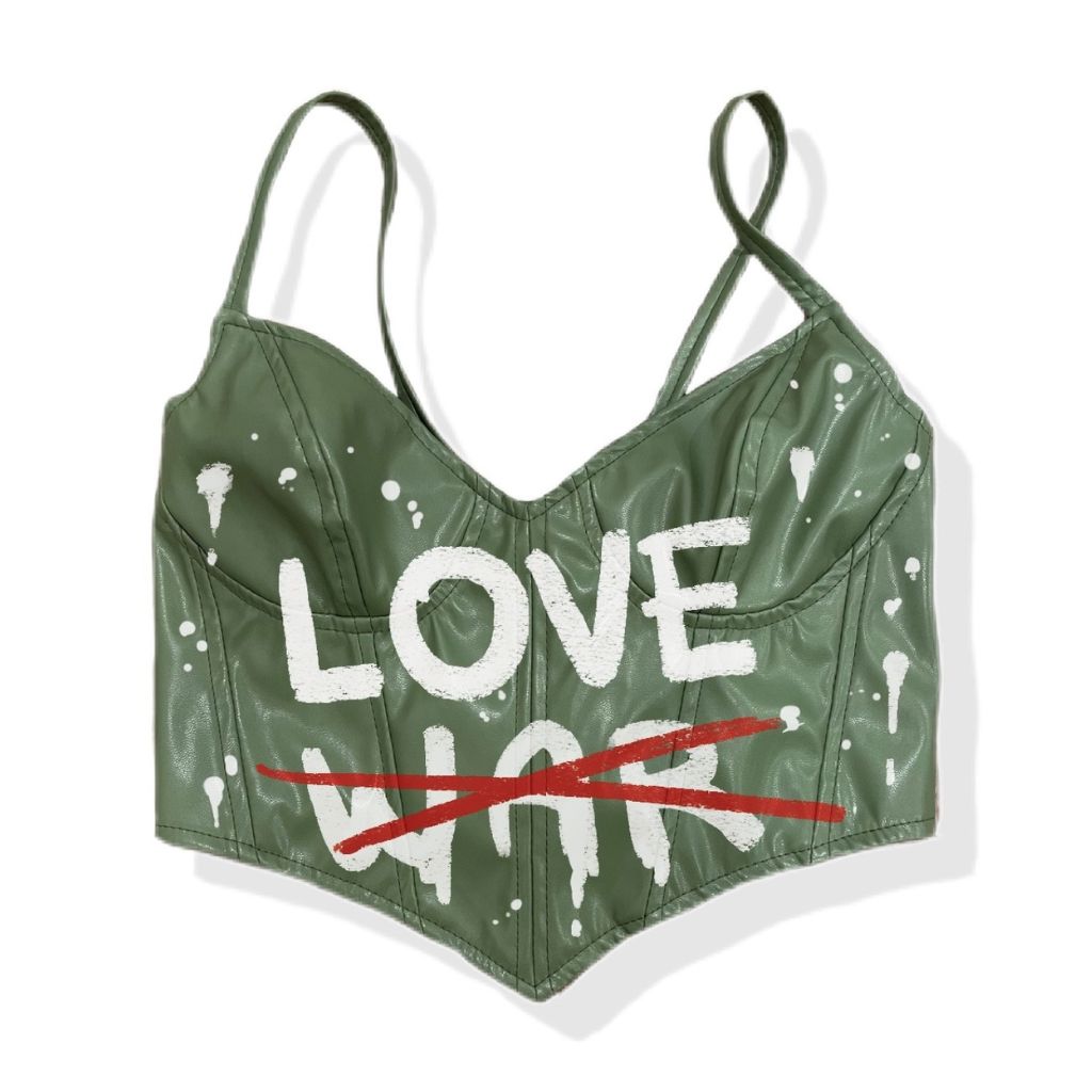 [VI:WAI]- Love, Not War Painted Faux-Leather Corset | Green, buy at doors. nyc
