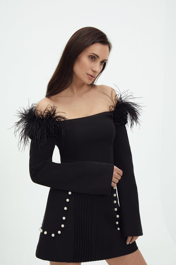 Buttoned Dress With Feathers