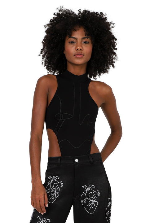 etérea - Gabrielle Cutout Embroidered Jersey Bodysuit | Black, buy at doors. nyc
