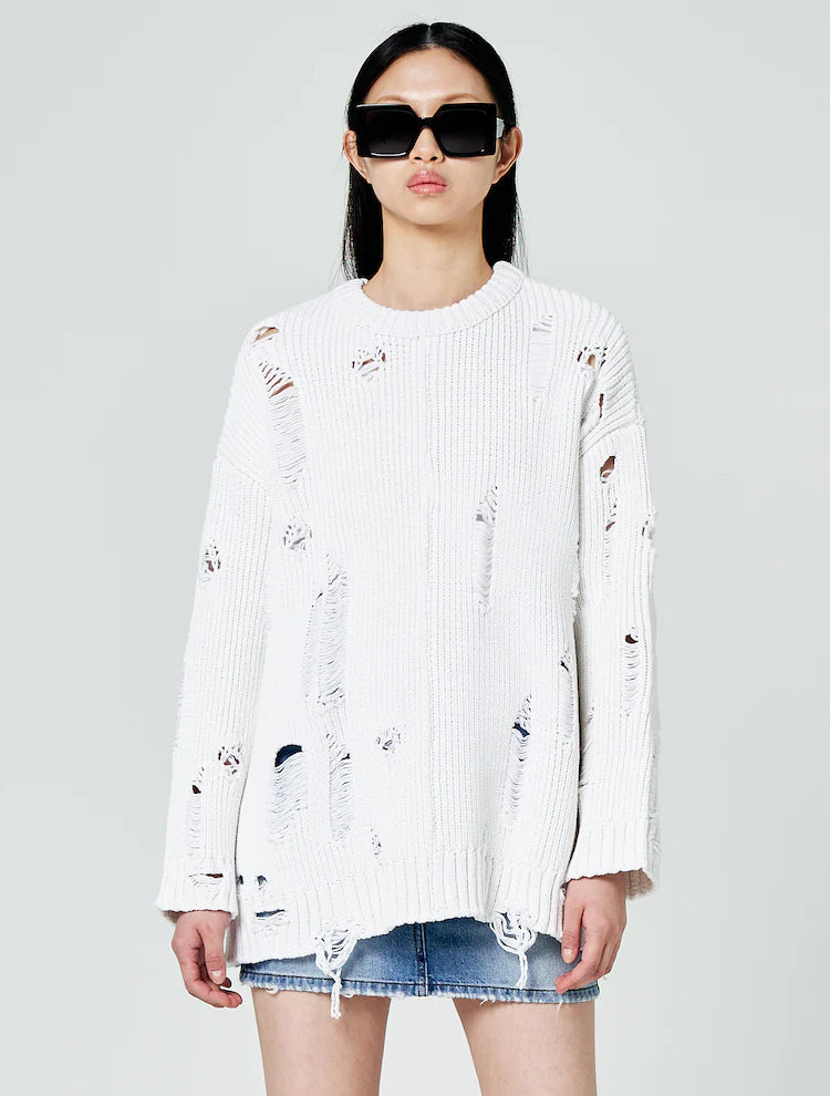 Juun.J Distressed knit Cotton Sweater White DOORS NYC