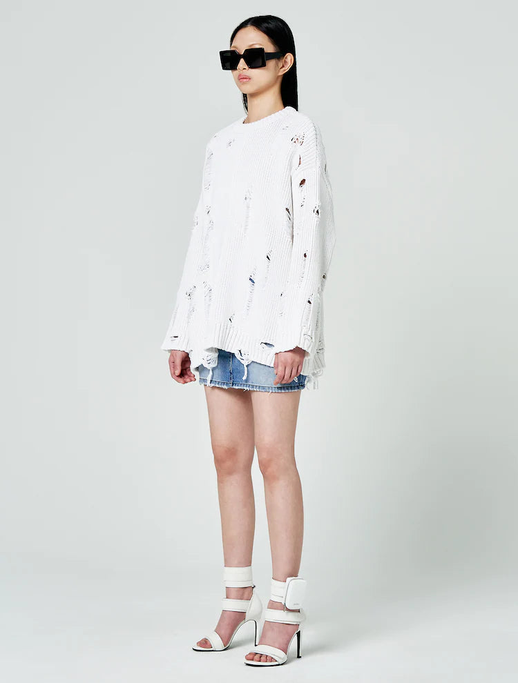 JUUN.J -Distressed-knit Cotton Sweater | White, buy at DOORS NYC
