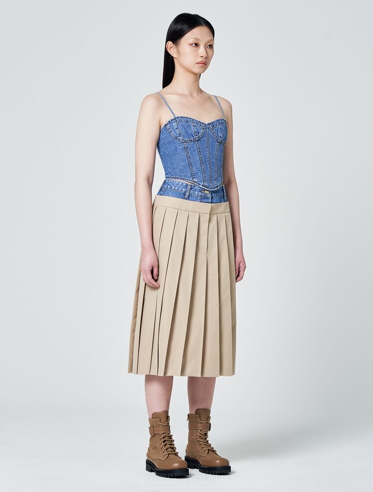 JUUN.J -Double Waist Pleated Midi Skirt | Beige, buy at DOORS NYC