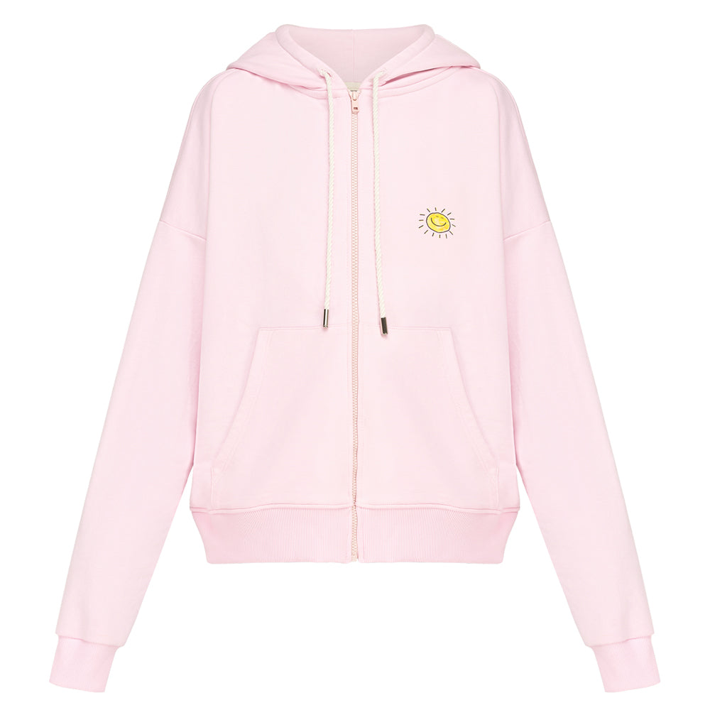 Oversized Zip Through Hoodie With Print In Pink