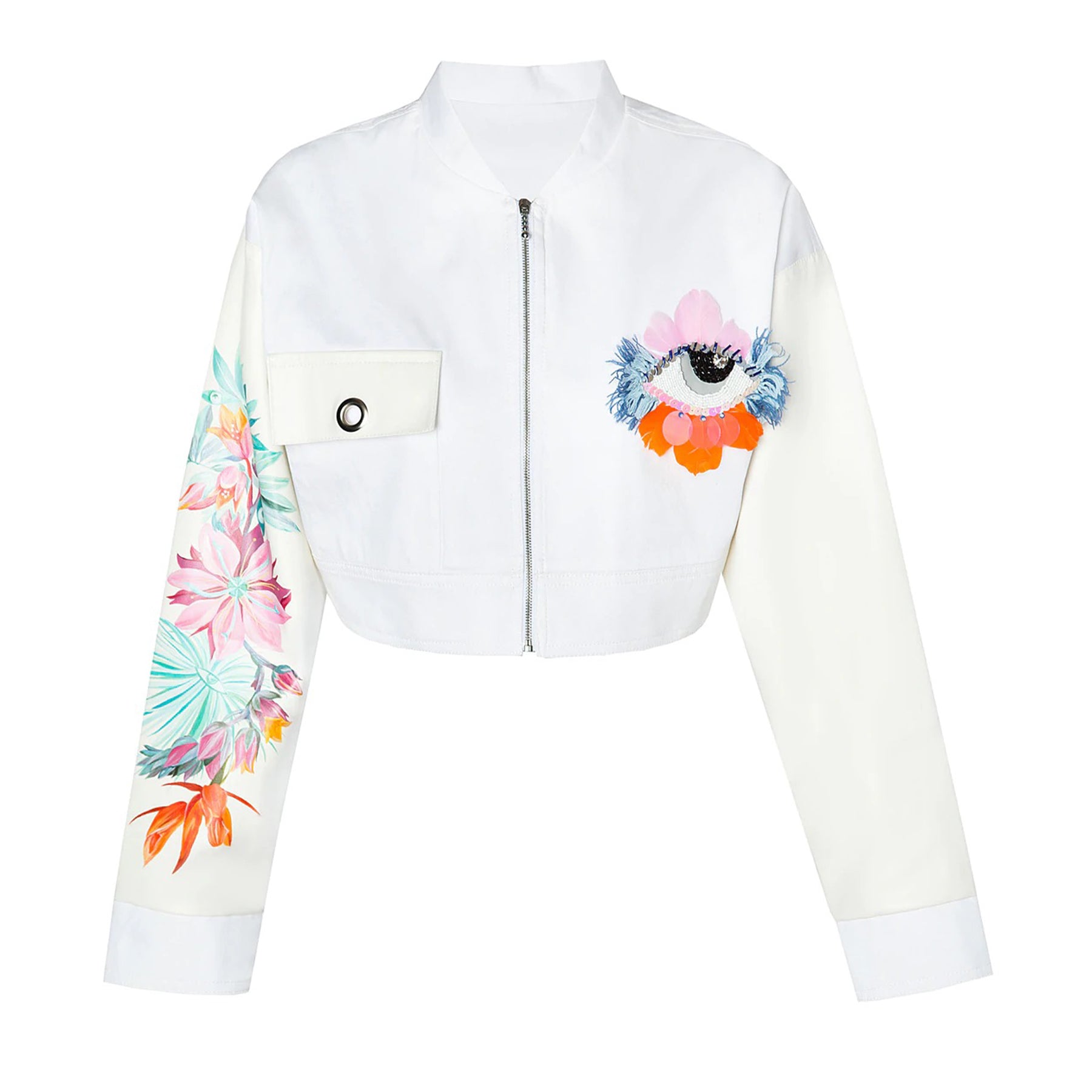 White Embroidered Painted Crop Jacket