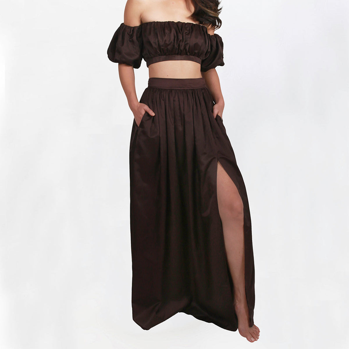 NUAJE NUAJE - Isabelle Side-Slit Cotton-Blend Maxi Skirt | Brown buy at DOORS NYC