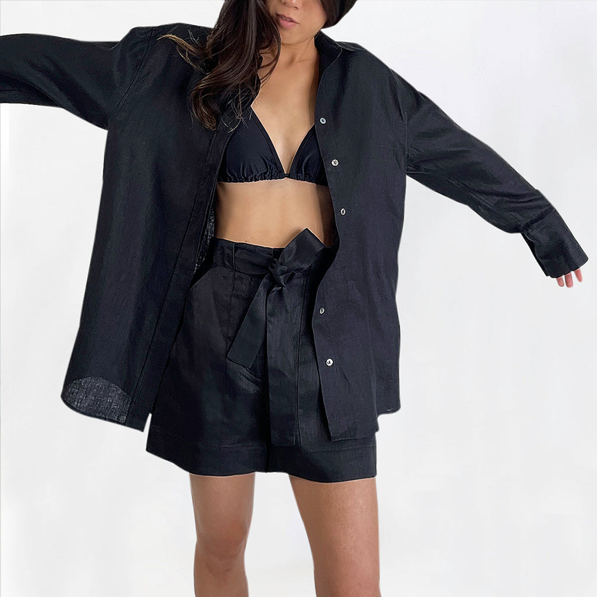 Mia Oversized Linen-Twill Shirt | Black