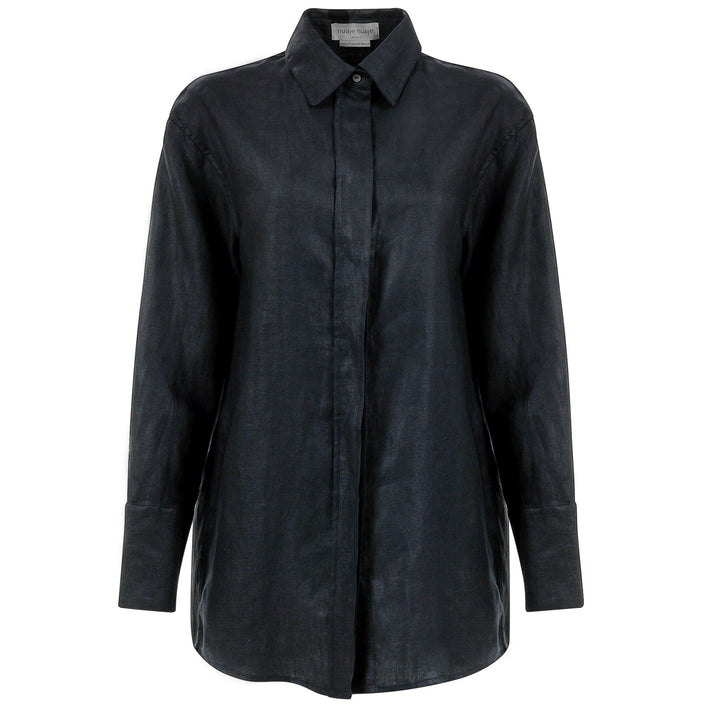 Mia Oversized Linen-Twill Shirt | Black